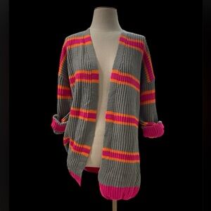 Woven Right Womens Striped Chunky Knit Cardigan Grey Pink Orange Size Medium NWT